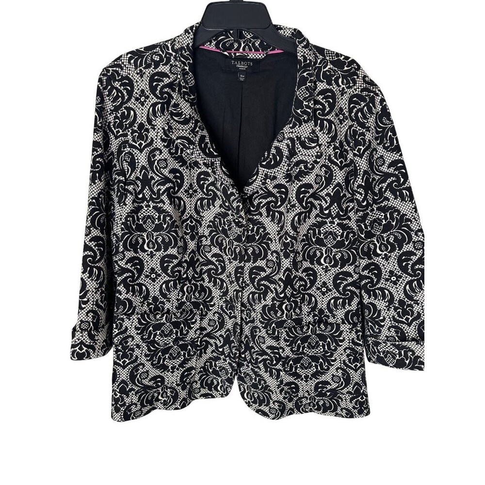 Talbots 16W Blazer Black White Floral Pattern Jacket Womens Cotton Blend Career